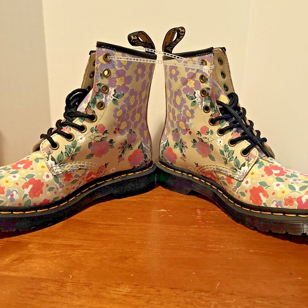 Dr Martens Floral Mash Up Backhand Leather Womens 6 Boots 1460‎ Parchment Beige - Picture 9 of 9